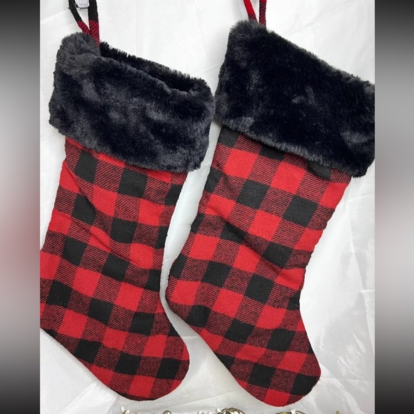 Christmas Red & Black Buffalo Check Faux Fur Stockings Set Of Two - Picture 2 of 8